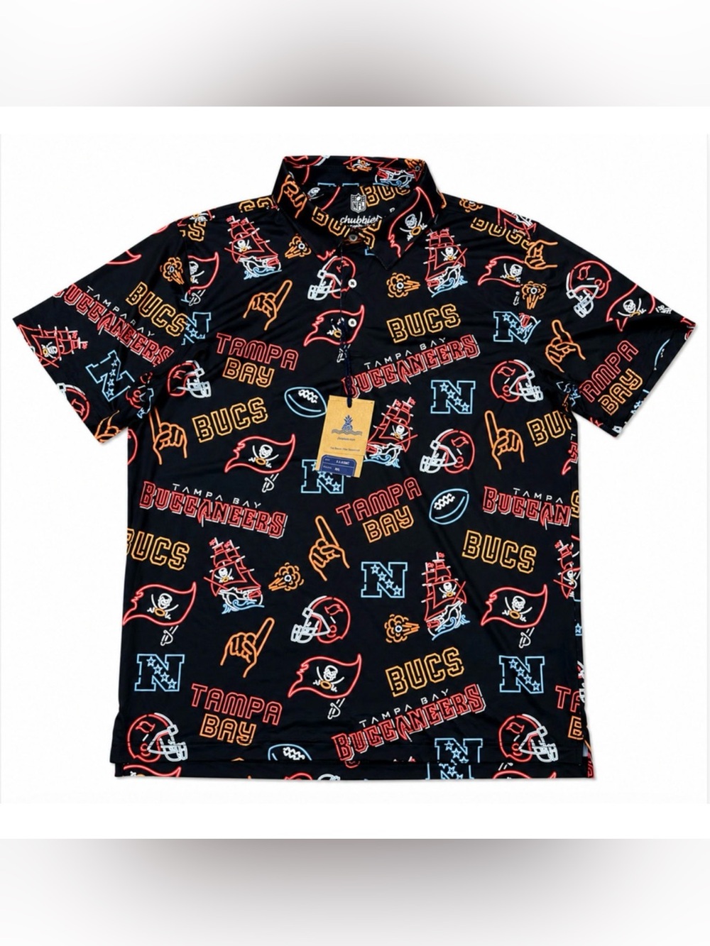 CHUBBIES BLACK NEON TAMPA BAY BUCCANEERS GRAPHIC NFL PERFORMANCE POLO SHIRT XL